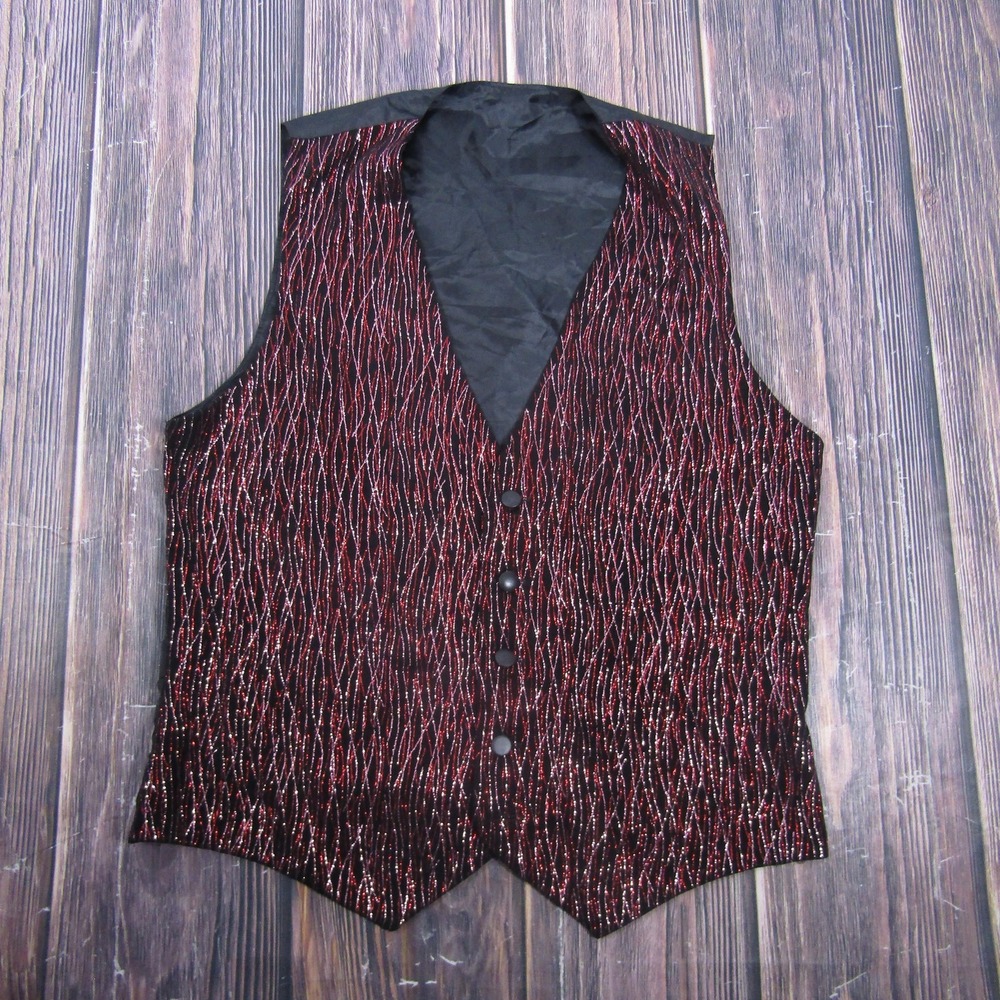 Stage Accents Vest‎ Mens M Black Striped Satin Acetate Lined Belted Military